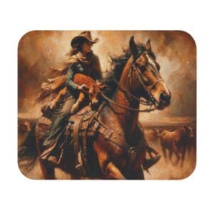 Cowgirl riding horse with calf in arms.