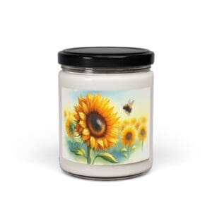 Candle jar with sunflower and bee design.