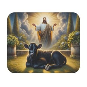 Religious figure with glowing light and calf.