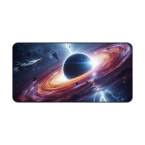 Spaceship approaching a glowing black hole.