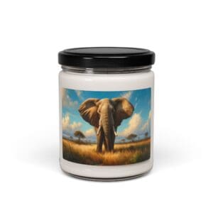 Candle jar with elephant in savannah image.