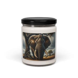 Candle jar with elephant illustration label.