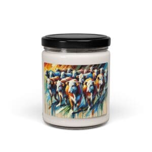 Candle jar with colorful cow artwork.