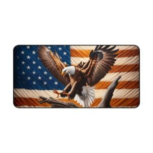 Eagle soaring in front of American flag.