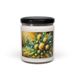Decorative candle jar with colorful abstract design.
