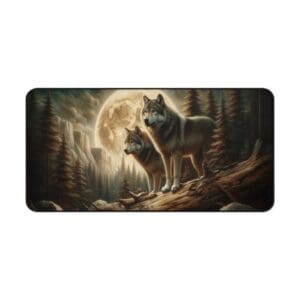 Two wolves standing under a full moon.