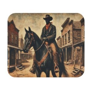 Cowboy on horseback in old Western town.