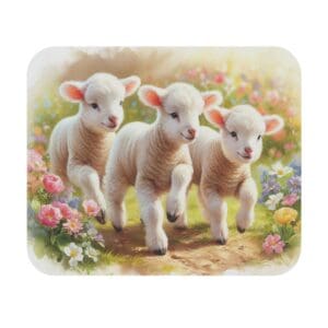Three lambs frolicking in a flower field.