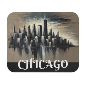 Chicago skyline painting with text below.