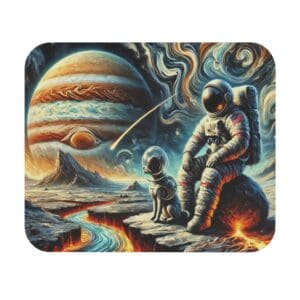 Astronaut and dog on alien planet.