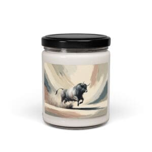 Bull illustration on candle jar label.