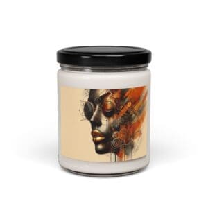 Jar with abstract face design label.