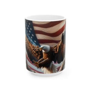 Eagle and American flag on coffee mug.