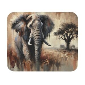 Elephant painting with tree in background.