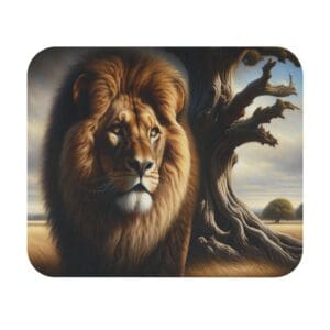 Lion standing beside a twisted tree.