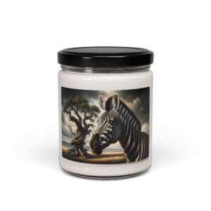 Candle jar with zebra illustration label.