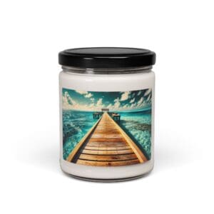 Candle jar featuring ocean pier image.