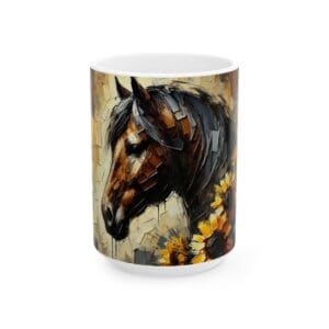 Horse and sunflowers on artistic mug.