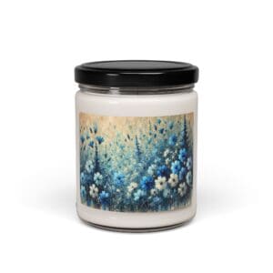 Candle jar with blue floral design.