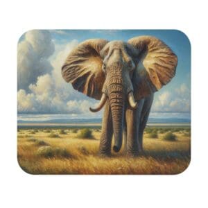 Elephant standing in grassy savannah landscape.