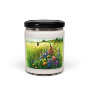 Candle jar with colorful meadow scene label.