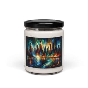 Candle jar with colorful city skyline design.