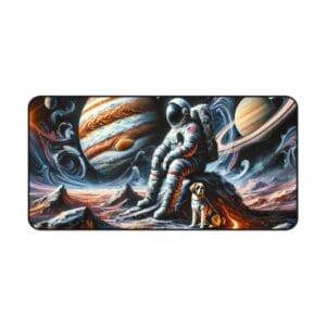 Astronaut and dog on alien planet.