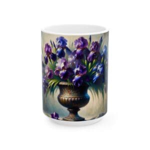 Mug with floral vase design, purple flowers.