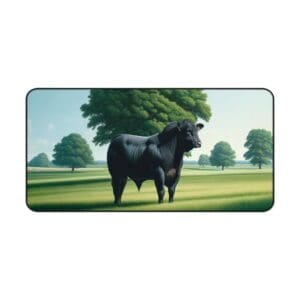 Black cow standing in sunny green field.