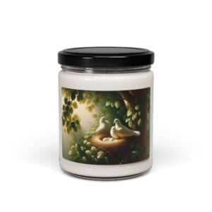 Candle jar with doves and nest illustration.