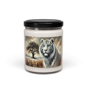 Candle jar with tiger and tree illustration.