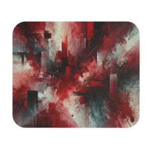 Abstract red and black geometric artwork.