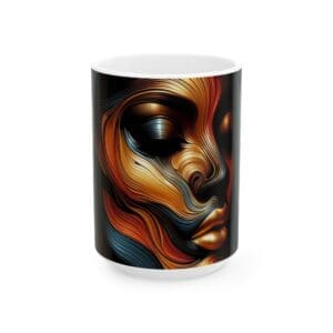 Abstract face design on ceramic mug.