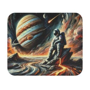 Astronaut overlooking Jupiter and fiery landscape.