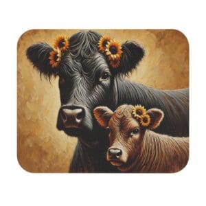 Cow and calf with sunflower adornments.