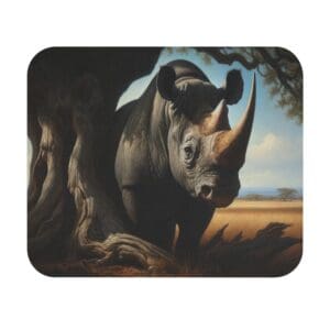 Rhino standing by a large tree.
