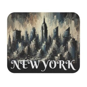 Abstract New York City skyline with text.