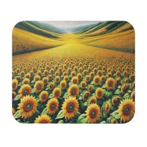 Field of vibrant sunflowers under blue sky.