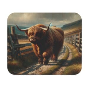 Highland cow walking on a rural path.