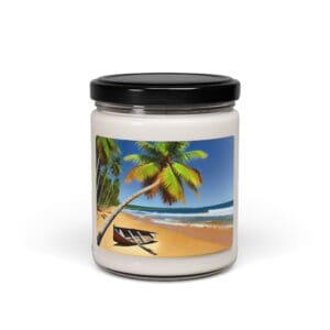 Candle jar with tropical beach scene label.