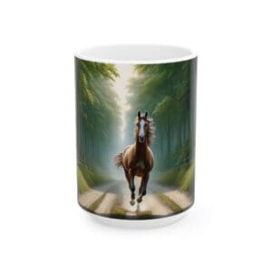 Horse running through a forest trail.