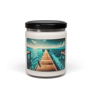 Candle jar with ocean pier label design.