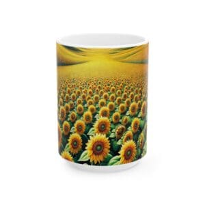 Mug with a vibrant sunflower field design.