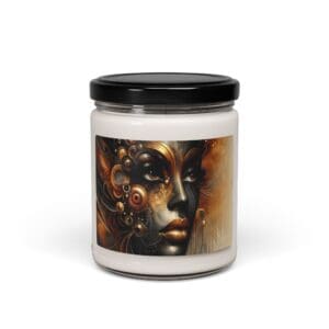 Candle jar with abstract face design.