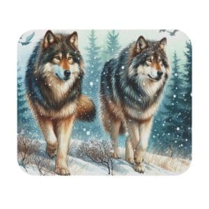 Two wolves walking in snowy forest.