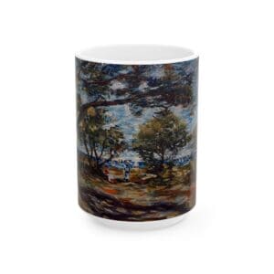 Ceramic mug with landscape painting design.
