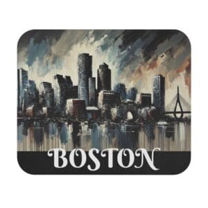 Boston skyline painting with bridge silhouette.