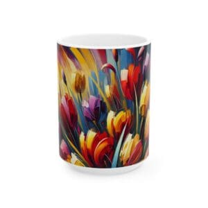 Colorful abstract floral design on ceramic mug.