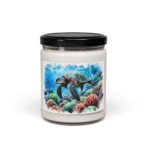 Candle jar with sea turtle illustration.