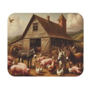 Farm scene with animals in front of barn.